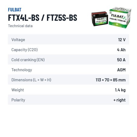 Motorcycle battery Fulbat FTX4L-BS / FTZ5S-BS 12V 4.2Ah 50A AGM – technical data