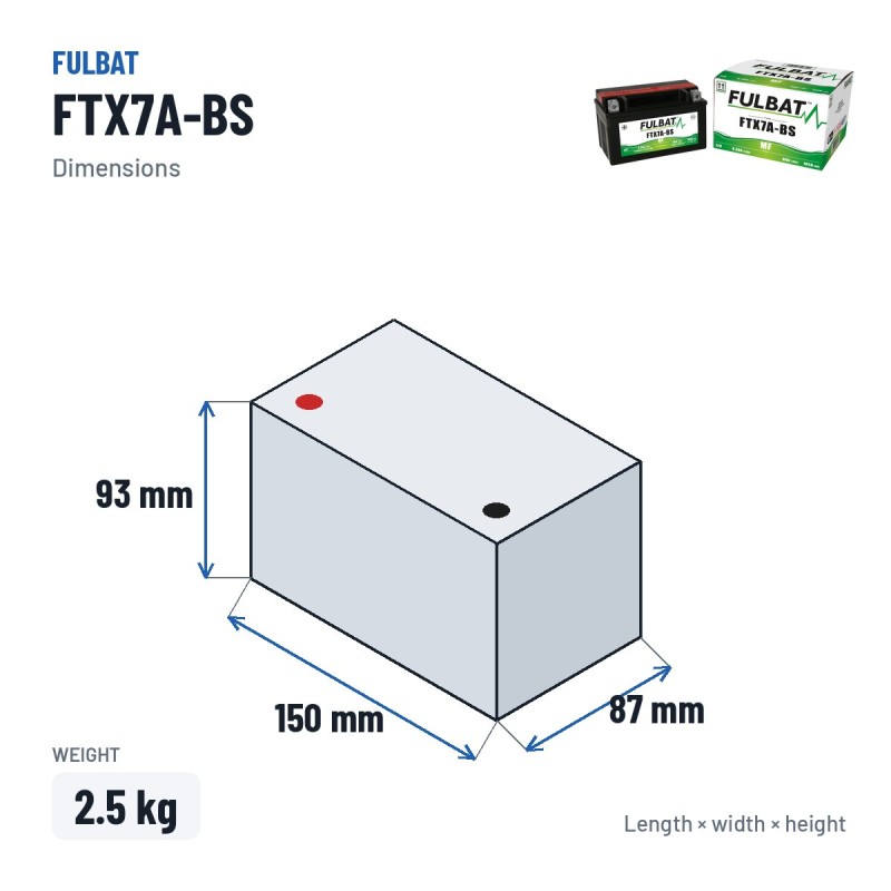 Motorradbatterie Fulbat FTX7A-BS 12V 6.3Ah 105A AGM – Abmessungen 150 × 87 × 93 mm