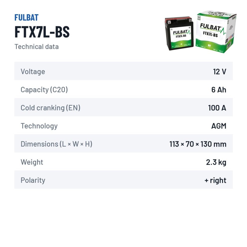 Batteria moto Fulbat FTX7L-BS 12V 6.3Ah 100A AGM – scheda tecnica