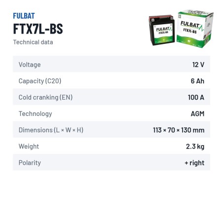Batteria moto Fulbat FTX7L-BS 12V 6.3Ah 100A AGM – scheda tecnica