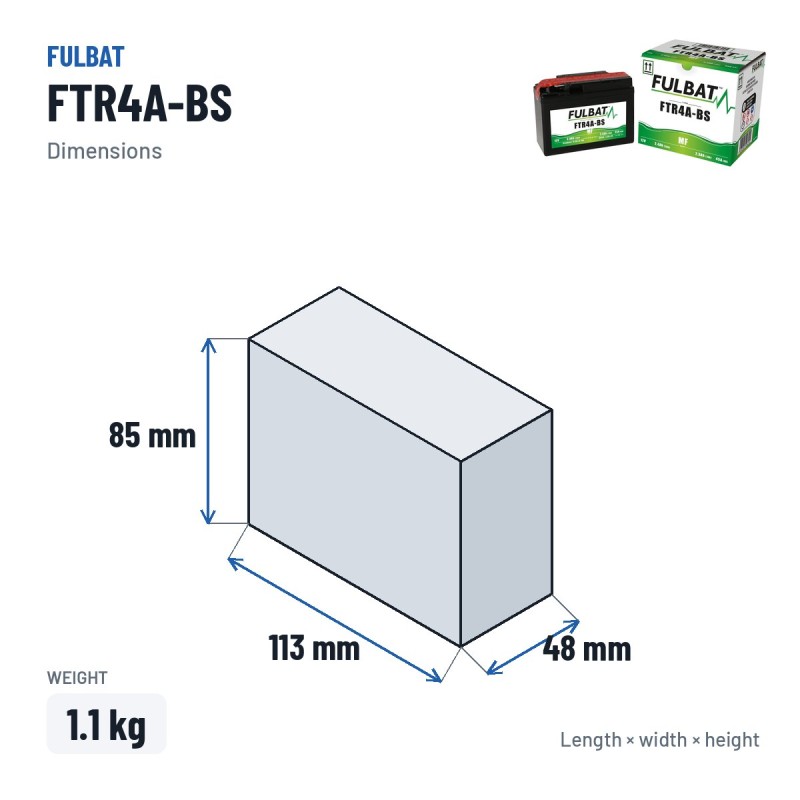 Bateria de mota Fulbat FTR4A-BS 12V 2.4Ah 45A AGM – medidas 113 × 48 × 85 mm