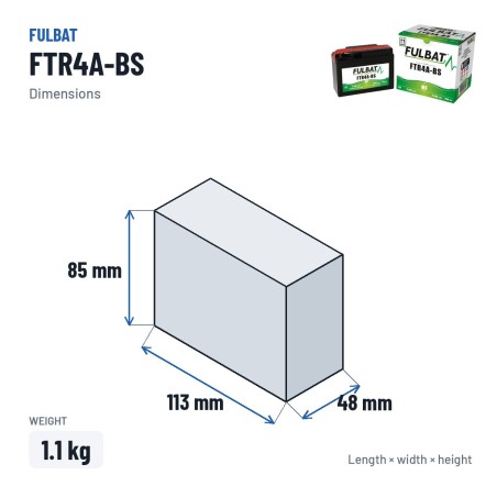 Bateria de mota Fulbat FTR4A-BS 12V 2.4Ah 45A AGM – medidas 113 × 48 × 85 mm
