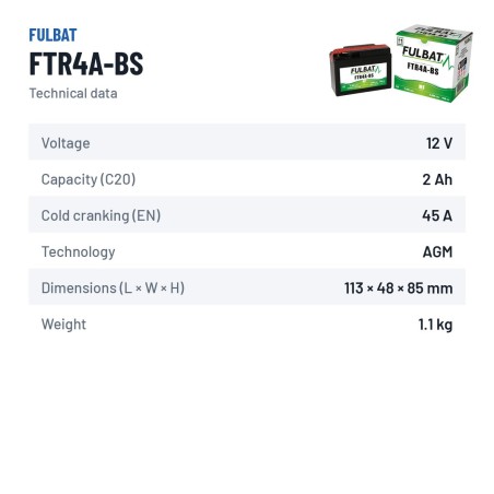 Bateria de mota Fulbat FTR4A-BS 12V 2.4Ah 45A AGM – ficha técnica