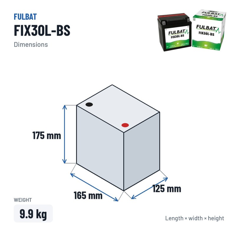 Batterie moto Fulbat FIX30L-BS 12V 31.6Ah 400A AGM – dimensions 165 × 125 × 175 mm