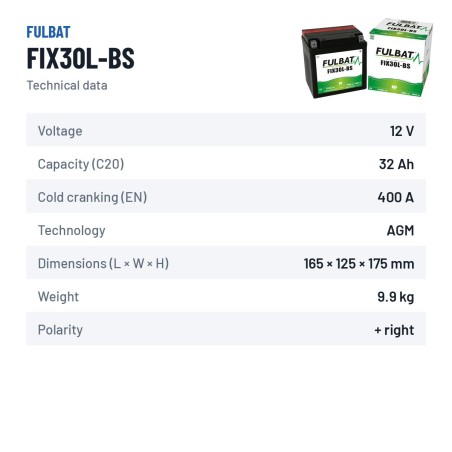 Batteria moto Fulbat FIX30L-BS 12V 31.6Ah 400A AGM – scheda tecnica