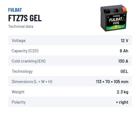 Motorcycle battery Fulbat FTZ7S GEL 12V 6.3Ah 130A GEL – technical data