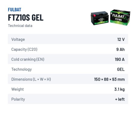Motorcycle battery Fulbat FTZ10S GEL 12V 9.1Ah 190A GEL – technical data