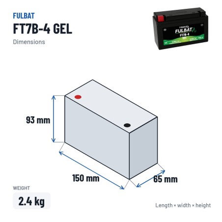 Bateria de mota Fulbat FT7B-4 GEL 12V 6.8Ah 110A GEL – medidas 150 × 65 × 93 mm