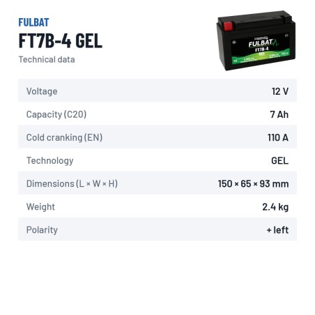 Bateria de mota Fulbat FT7B-4 GEL 12V 6.8Ah 110A GEL – ficha técnica