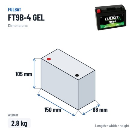 Batteria moto Fulbat FT9B-4 GEL 12V 8.4Ah 120A GEL – dimensioni 150 × 68 × 105 mm
