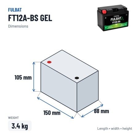 Motorcycle battery Fulbat FT12A-BS GEL 12V 10.5Ah 175A GEL – dimensions 150 × 88 × 105 mm