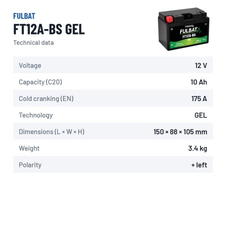 Batteria moto Fulbat FT12A-BS GEL 12V 10.5Ah 175A GEL – scheda tecnica
