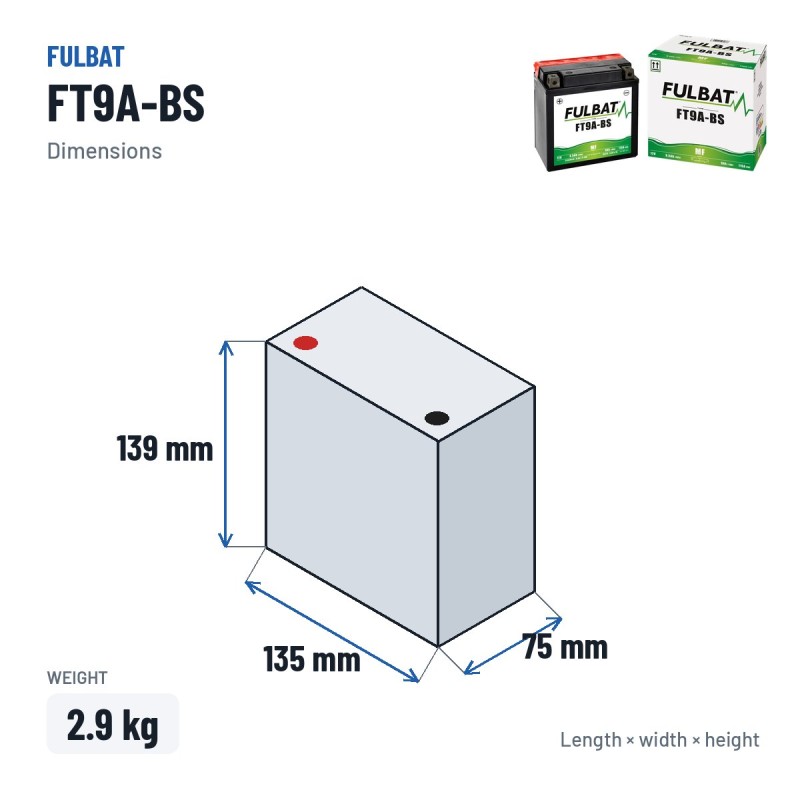 Motorradbatterie Fulbat FT9A-BS 12V 9.5Ah 115A AGM – Abmessungen 135 × 75 × 139 mm