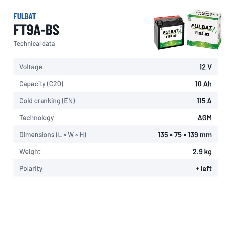 Batería de moto Fulbat FT9A-BS 12V 9.5Ah 115A AGM – ficha técnica