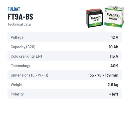 Batería de moto Fulbat FT9A-BS 12V 9.5Ah 115A AGM – ficha técnica