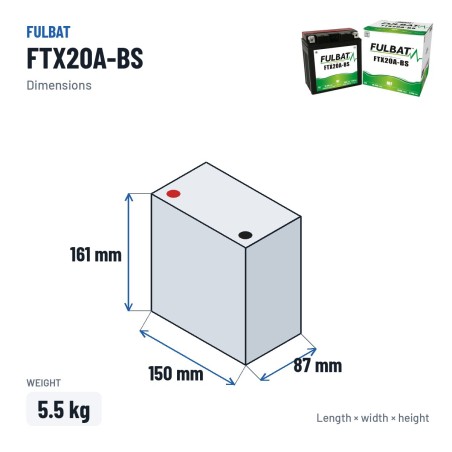 Batteria moto Fulbat FTX20A-BS 12V 18.9Ah 270A AGM – dimensioni 150 × 87 × 161 mm