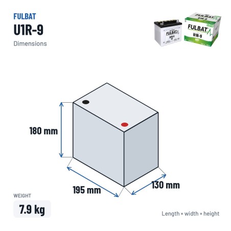 Batterie de tondeuse Fulbat U1R-9 24V 25.3Ah 240A – dimensions 195 × 130 × 180 mm