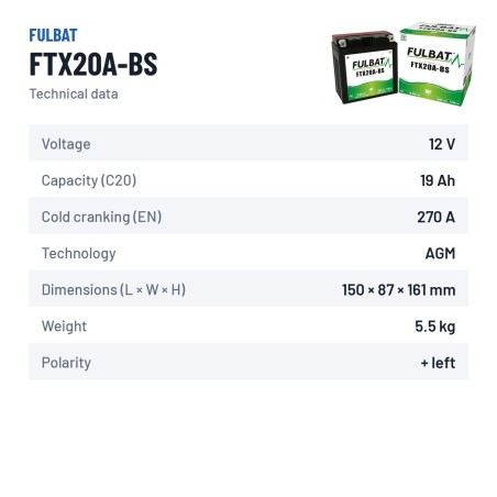 Batteria moto Fulbat FTX20A-BS 12V 18.9Ah 270A AGM – scheda tecnica