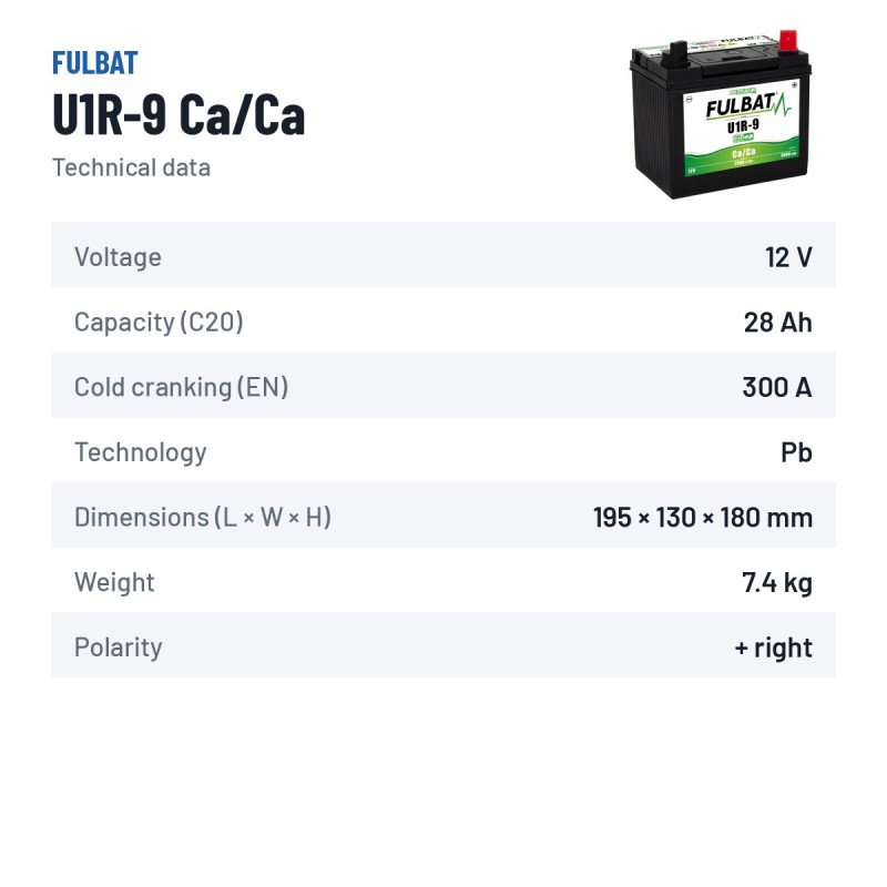 Batería de cortacésped Fulbat U1R-9 Ca/Ca 12V 28Ah 300A