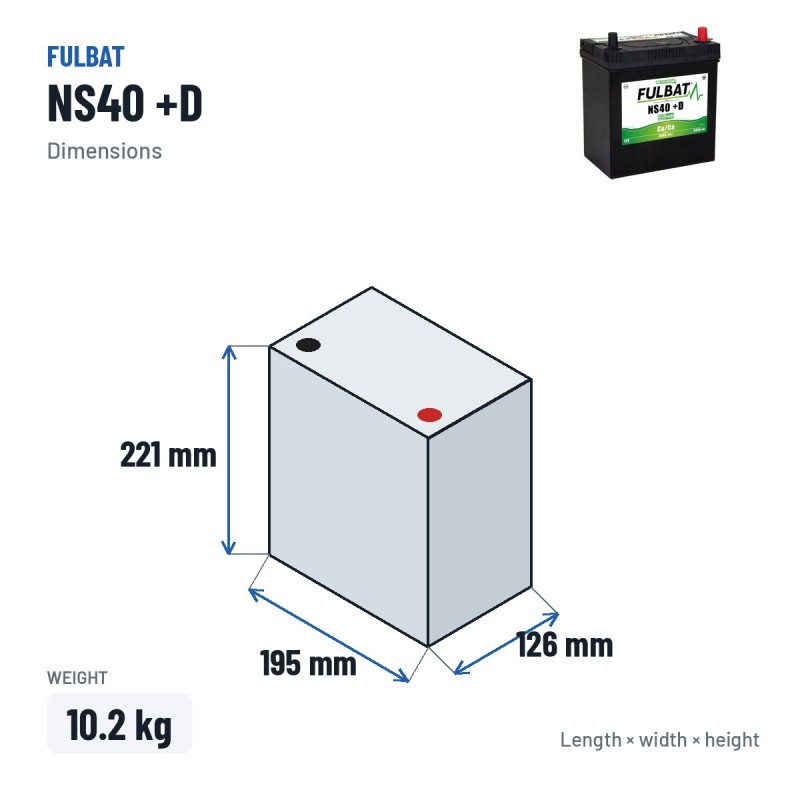 Rasenmäher-Batterie Fulbat NS40 +D 12V 36Ah 335A – Abmessungen 195 × 126 × 221 mm