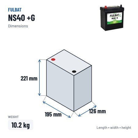 Batteria per rasaerba Fulbat NS40 +G 12V 36Ah 335A – dimensioni 195 × 126 × 221 mm