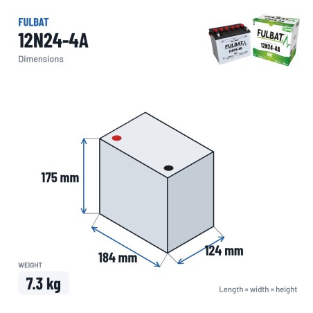 Batteria per rasaerba Fulbat 12N24-4A 24V 25.3Ah 220A – dimensioni 184 × 124 × 175 mm