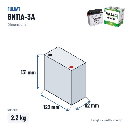 Batterie moto Fulbat 6N11A-3A 6V 11.6Ah 90A – dimensions 122 × 62 × 131 mm