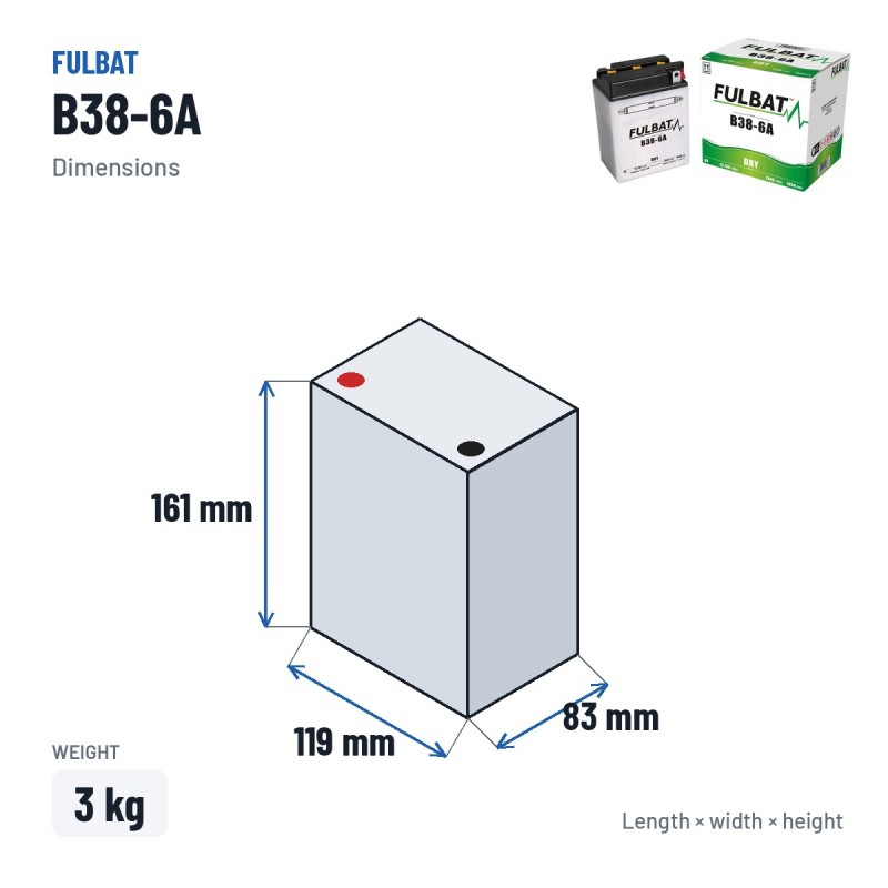 Motorcycle battery Fulbat B38-6A 6V 13.7Ah 105A – dimensions 119 × 83 × 161 mm