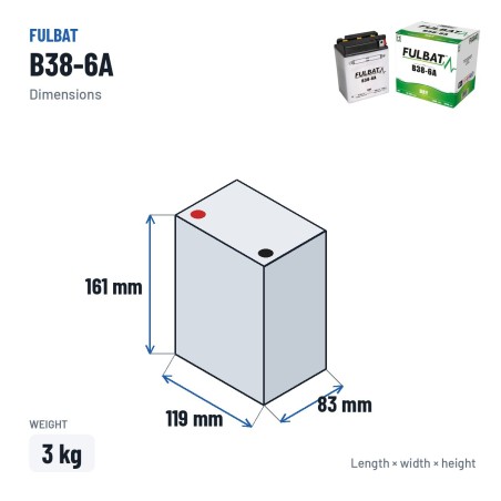 Motorcycle battery Fulbat B38-6A 6V 13.7Ah 105A – dimensions 119 × 83 × 161 mm