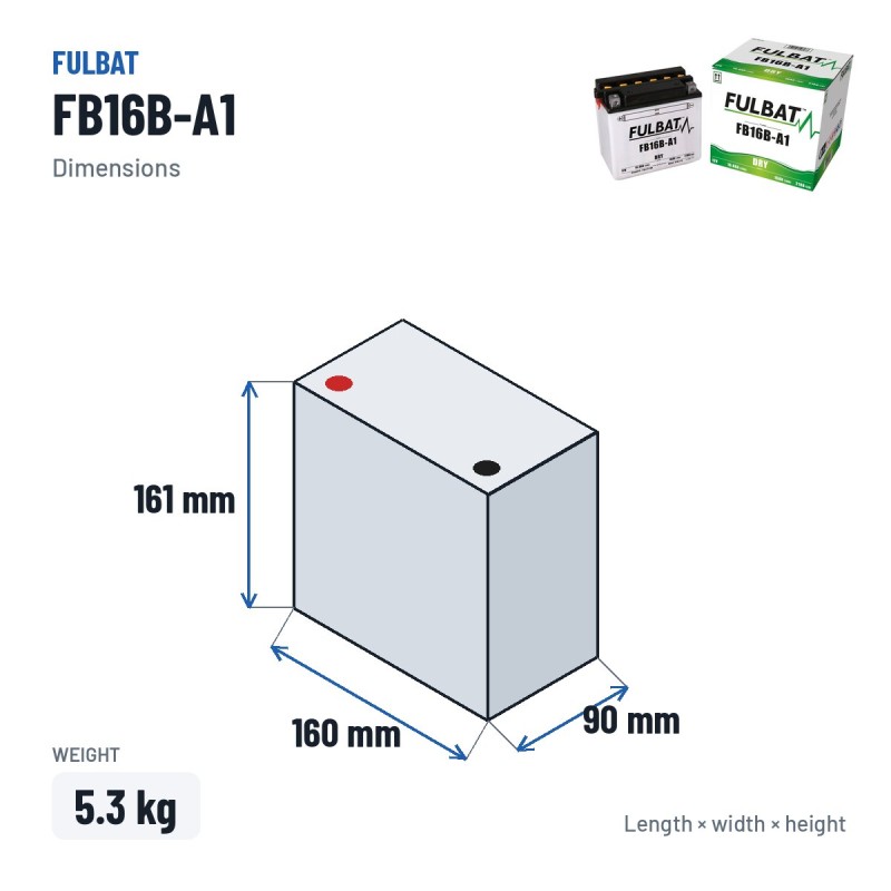 Motorradbatterie Fulbat FB16B-A1 12V 16.8Ah 210A – Abmessungen 160 × 90 × 161 mm