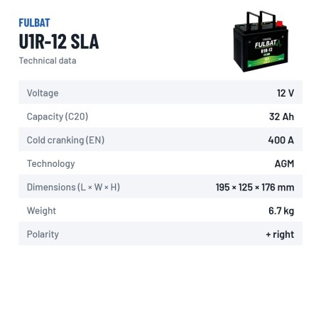 Rasenmäher-Batterie Fulbat U1R-12 SLA 12V 32Ah 400A AGM