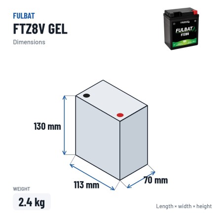 Batteria moto Fulbat FTZ8V GEL 12V 7.4Ah 120A GEL – dimensioni 113 × 70 × 130 mm