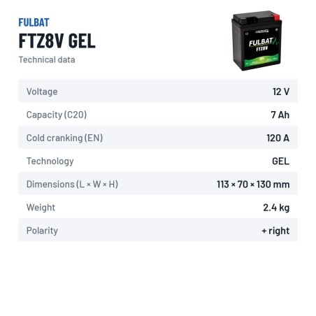 Batteria moto Fulbat FTZ8V GEL 12V 7.4Ah 120A GEL – scheda tecnica