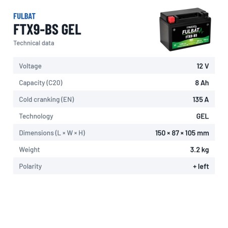 Motorcycle battery Fulbat FTX9-BS GEL 12V 8.4Ah 135A GEL – technical data