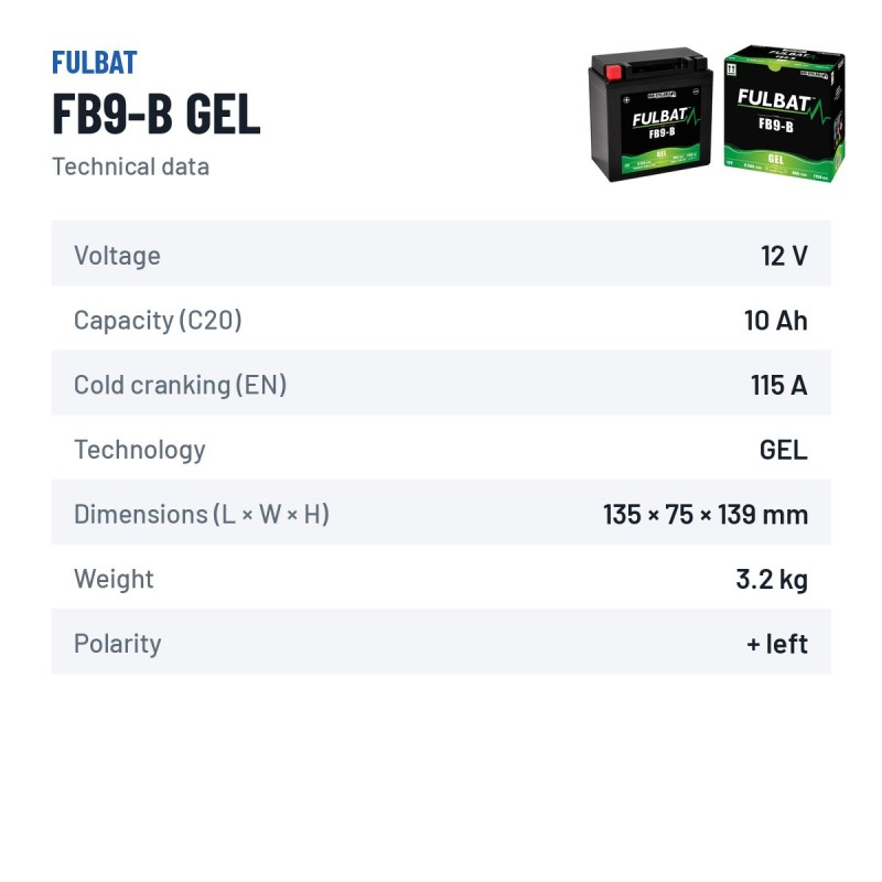 Batteria moto Fulbat FB9-B GEL 12V 9.5Ah 115A GEL – scheda tecnica