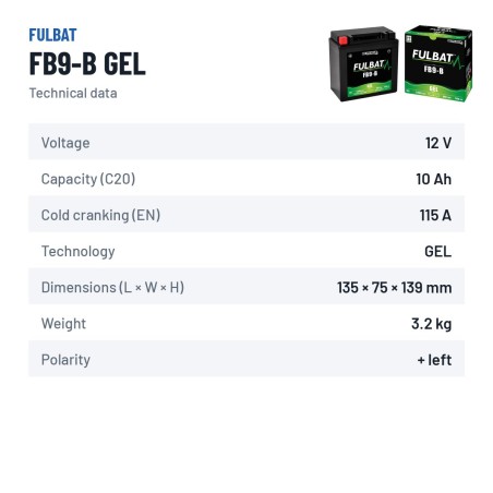 Batería de moto Fulbat FB9-B GEL 12V 9.5Ah 115A GEL