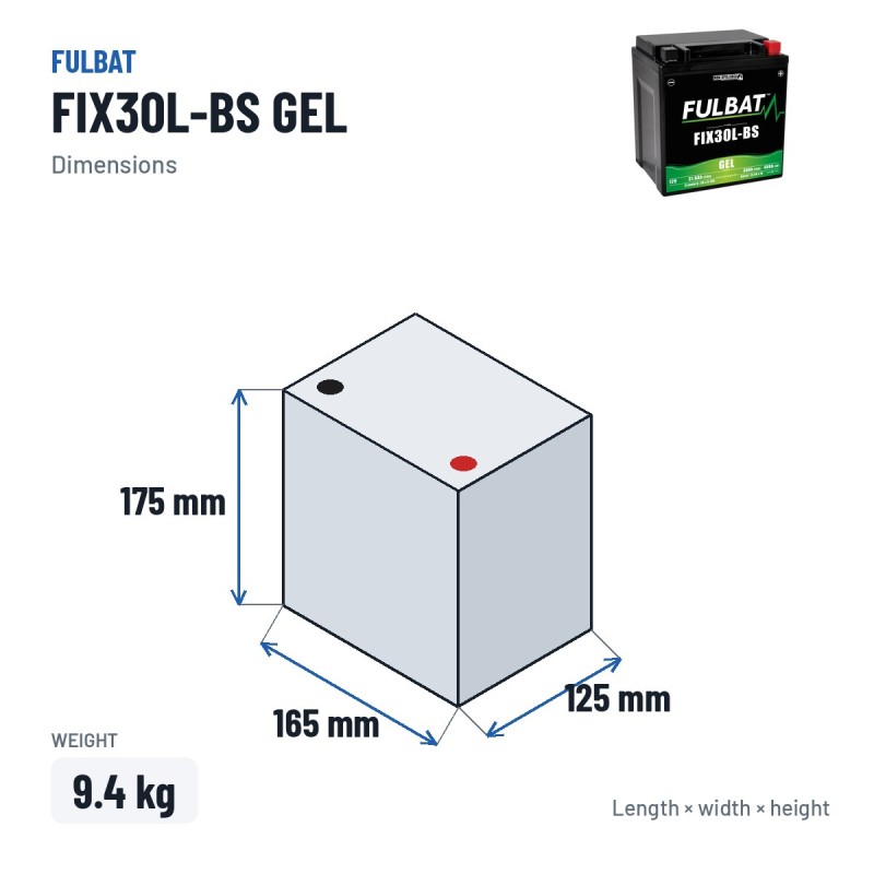 Batteria moto Fulbat FIX30L-BS GEL 12V 31.6Ah 400A GEL – dimensioni 165 × 125 × 175 mm