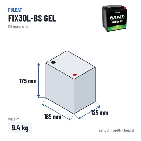 Batteria moto Fulbat FIX30L-BS GEL 12V 31.6Ah 400A GEL – dimensioni 165 × 125 × 175 mm