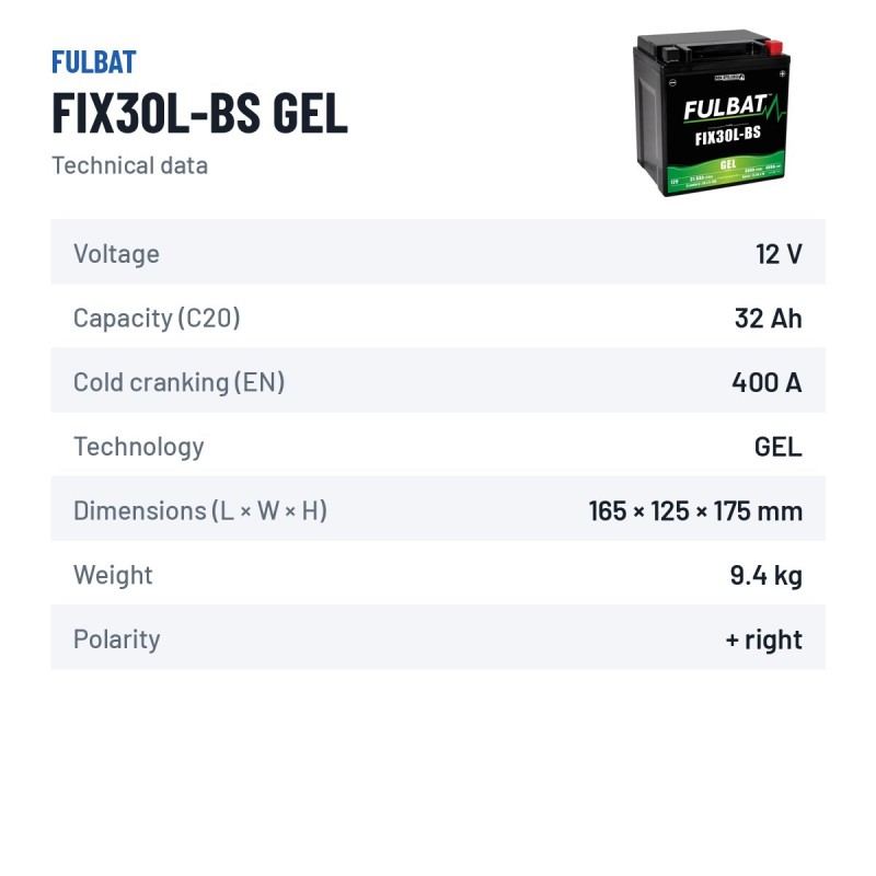 Batterie moto Fulbat FIX30L-BS GEL 12V 31.6Ah 400A GEL – fiche technique