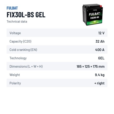 Batterie moto Fulbat FIX30L-BS GEL 12V 31.6Ah 400A GEL – fiche technique