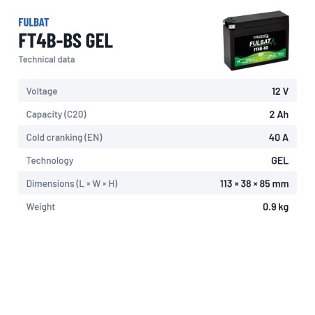 Batterie moto Fulbat FT4B-BS GEL 12V 2.4Ah 40A GEL – fiche technique