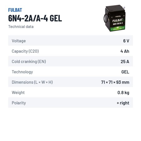 Motorcycle battery Fulbat 6N4-2A/A-4 GEL 6V 4.2Ah 25A GEL – technical data