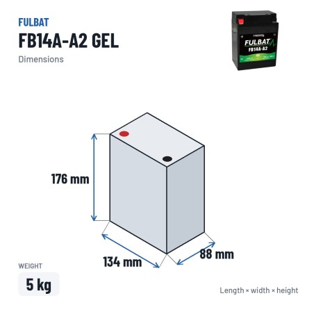 Batterie moto Fulbat FB14A-A2 GEL 12V 14.7Ah 200A GEL – dimensions 134 × 88 × 176 mm