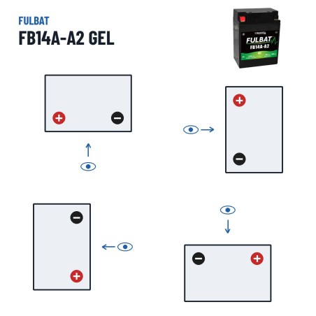 Batterie moto Fulbat FB14A-A2 GEL 12V 14.7Ah 200A GEL – polarité (schéma 1, + à gauche)
