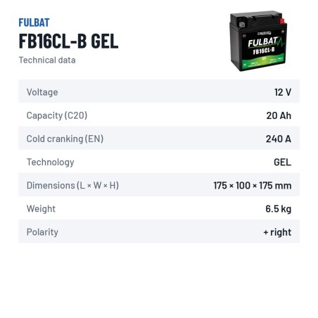 Motorradbatterie Fulbat FB16CL-B GEL 12V 20Ah 240A GEL – technische Daten