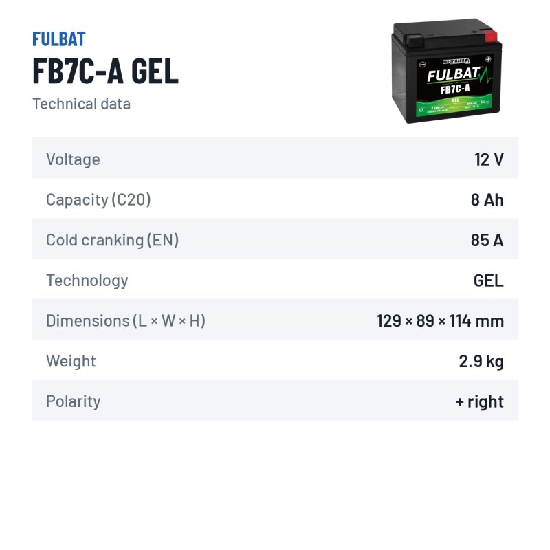 Motorcycle battery Fulbat FB7C-A GEL 12V 8.4Ah 85A GEL – technical data