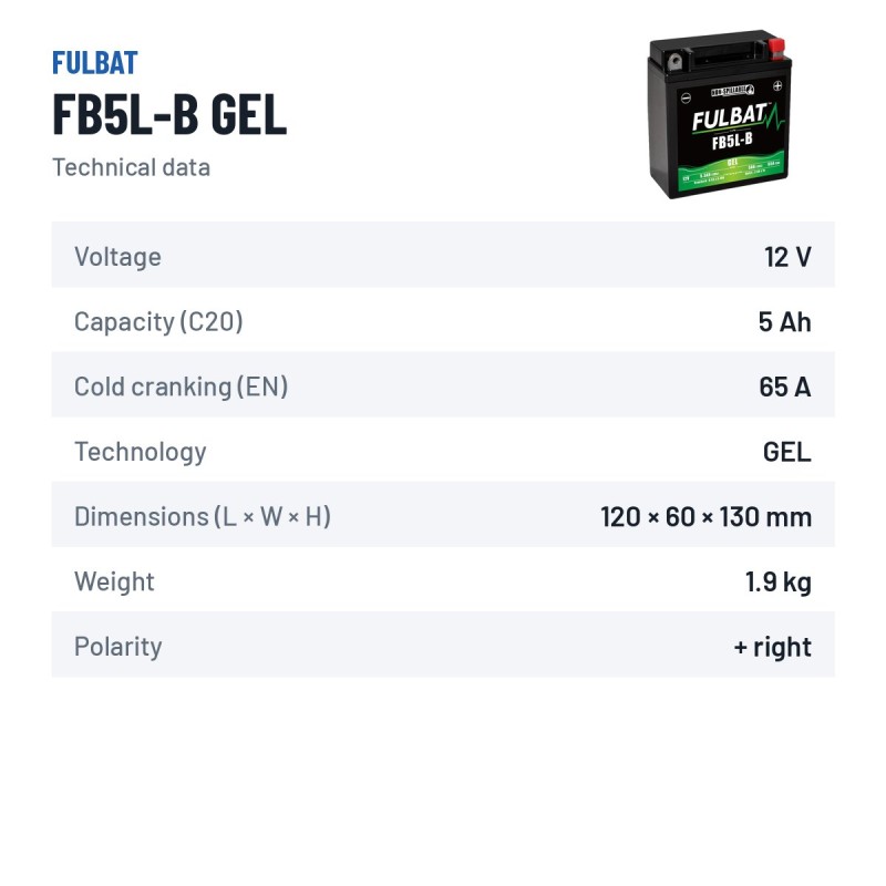 Motorcycle battery Fulbat FB5L-B GEL 12V 5.3Ah 65A GEL – technical data