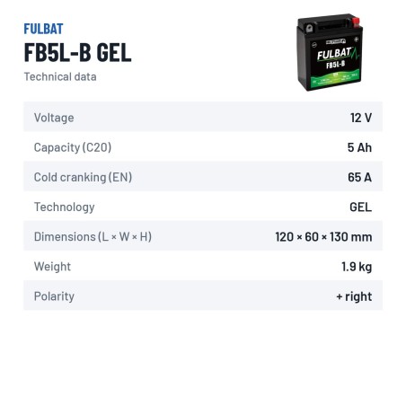 Motorcycle battery Fulbat FB5L-B GEL 12V 5.3Ah 65A GEL – technical data