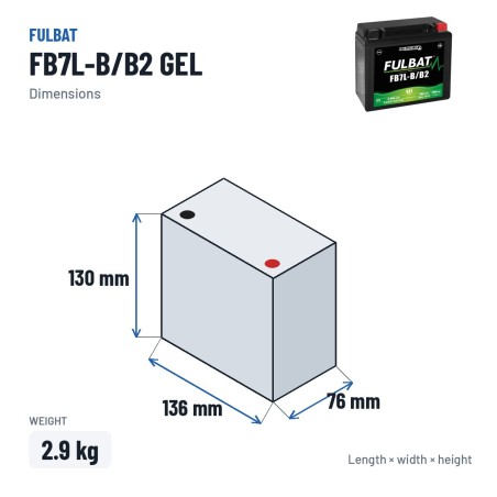 Batterie moto Fulbat FB7L-B/B2 GEL 12V 8.4Ah 100A GEL – dimensions 136 × 76 × 130 mm