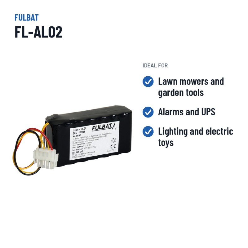 Lawnmower battery Fulbat FL-AL02 25.2V 5Ah Li-Ion | baterias.com